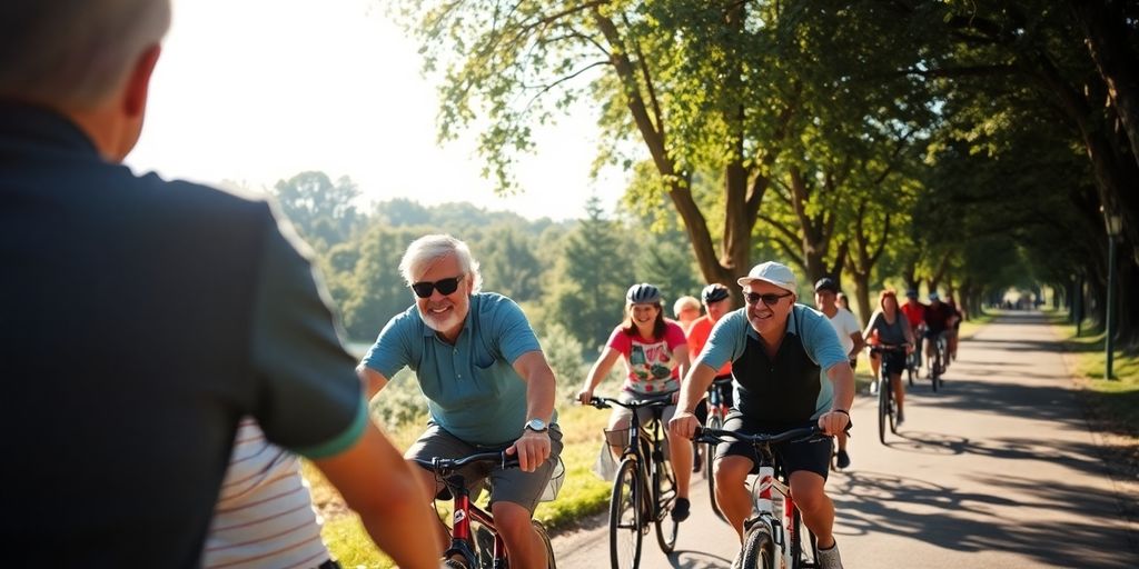 Cyclists of different ages on a sunny path.