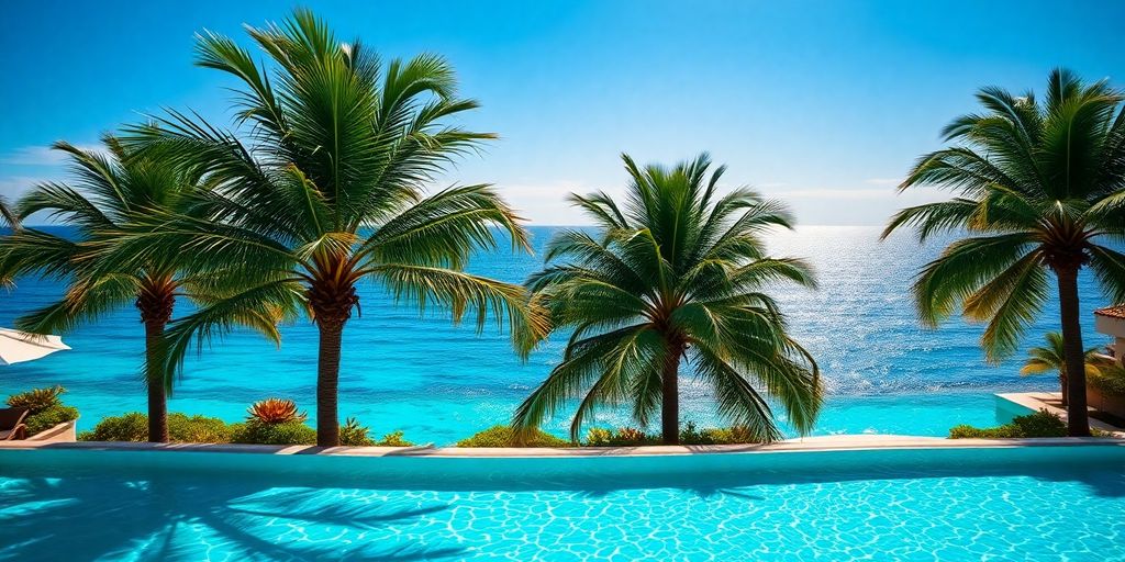 Luxury resort pool, ocean, and palm trees.