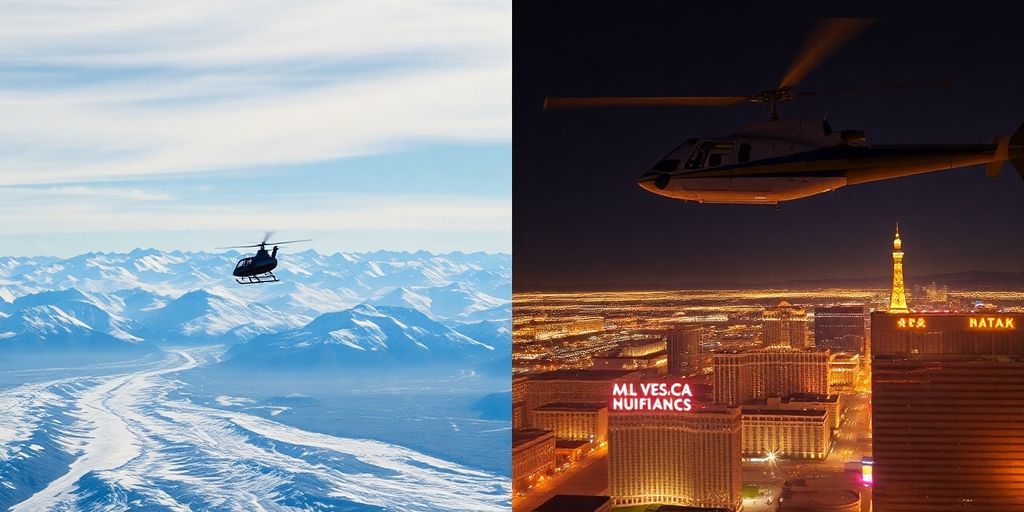 Split image: helicopter over Alaskan glacier, helicopter over Las Vegas.