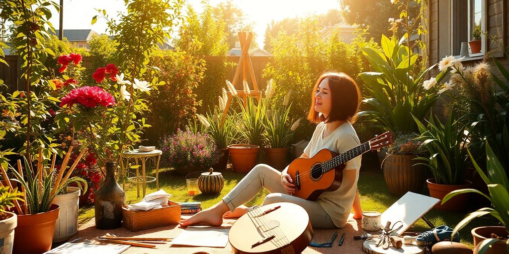 Person relaxing outdoors with hobby items.