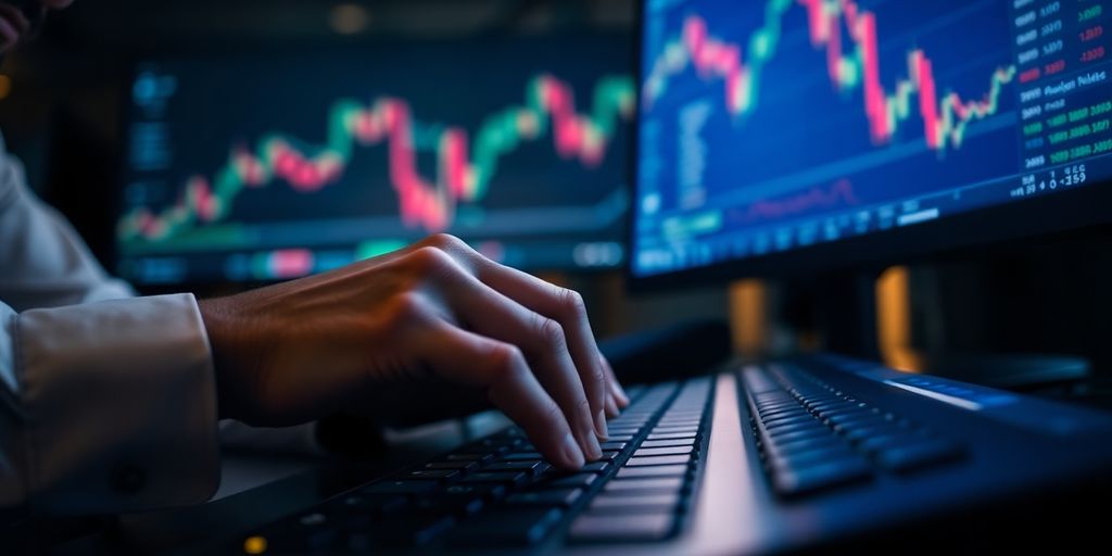 Trader analyzing dynamic financial market on screen.