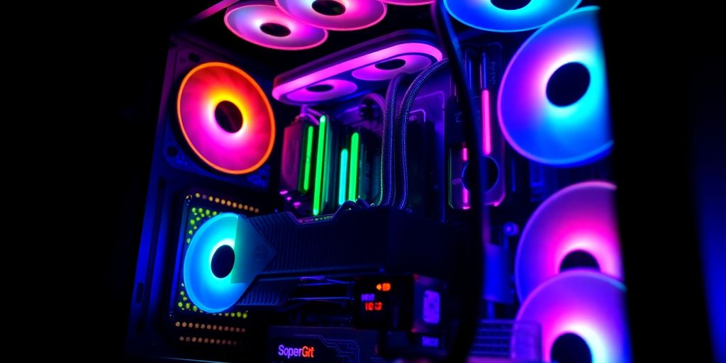 Primer plano de una PC de juegos personalizada con iluminación RGB.