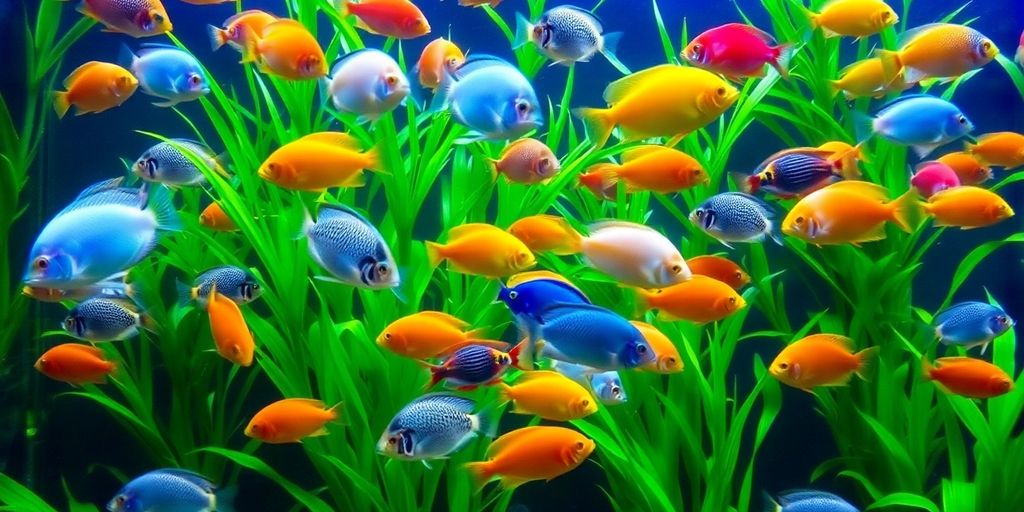 色彩斑斓的淡水鱼在郁郁葱葱的水族箱环境中。