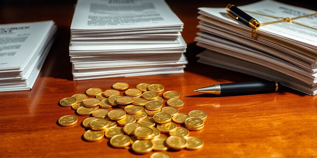 Documents officiels et disques d'or empilés sur une table.