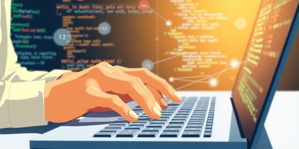 Programmer creating code, with data flowing.