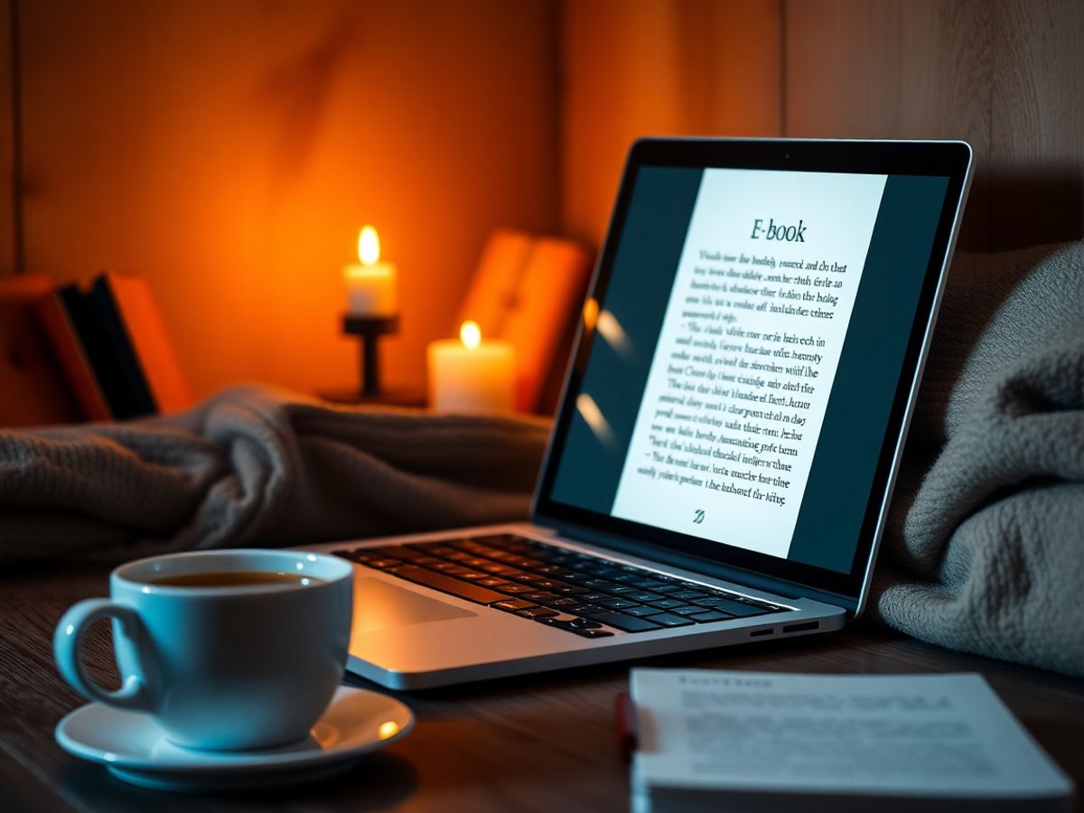 Laptop cu un e-book și o cană de cafea.