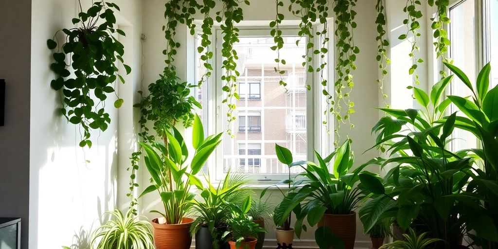 Apartament modern cu plante verzi luxuriante.