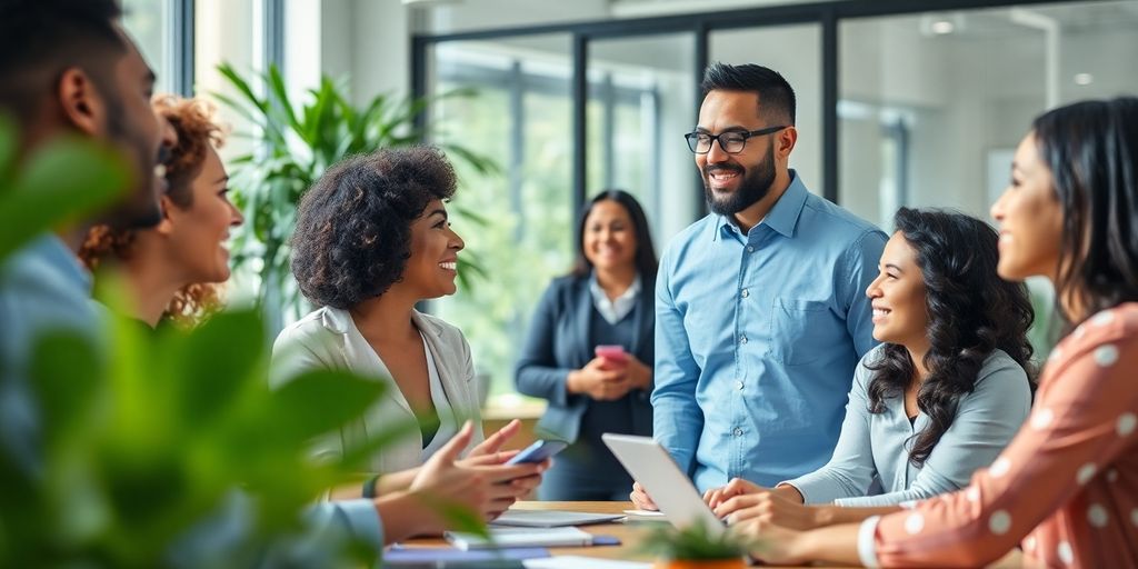 Ambiente de trabalho colaborativo e saudável com diversidade.
