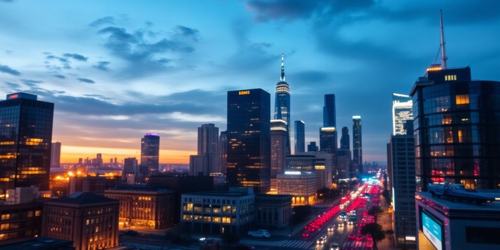 City skyline at dusk with bright lights and activity.