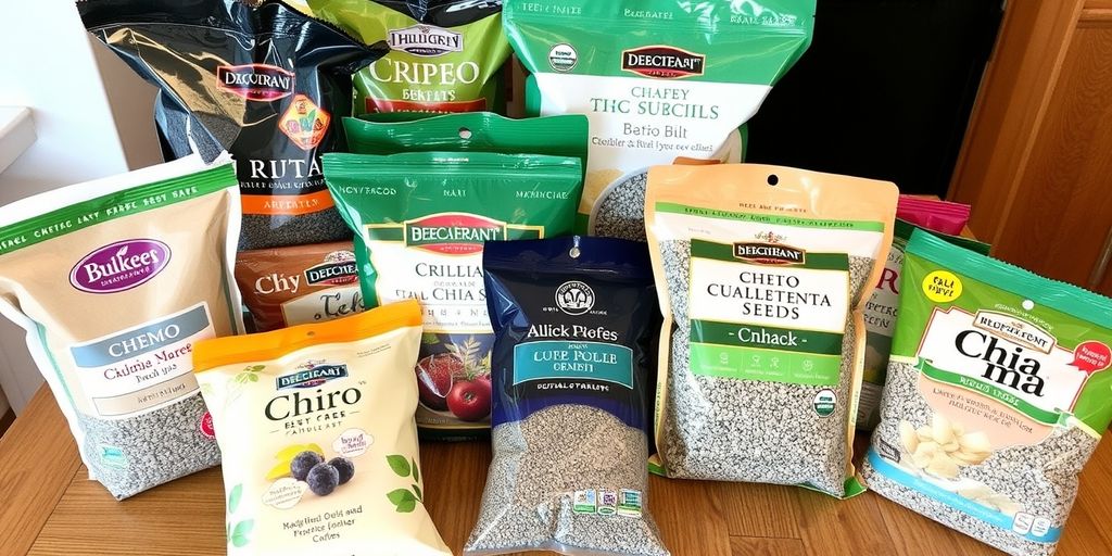 Various chia seed packages on a wooden table.