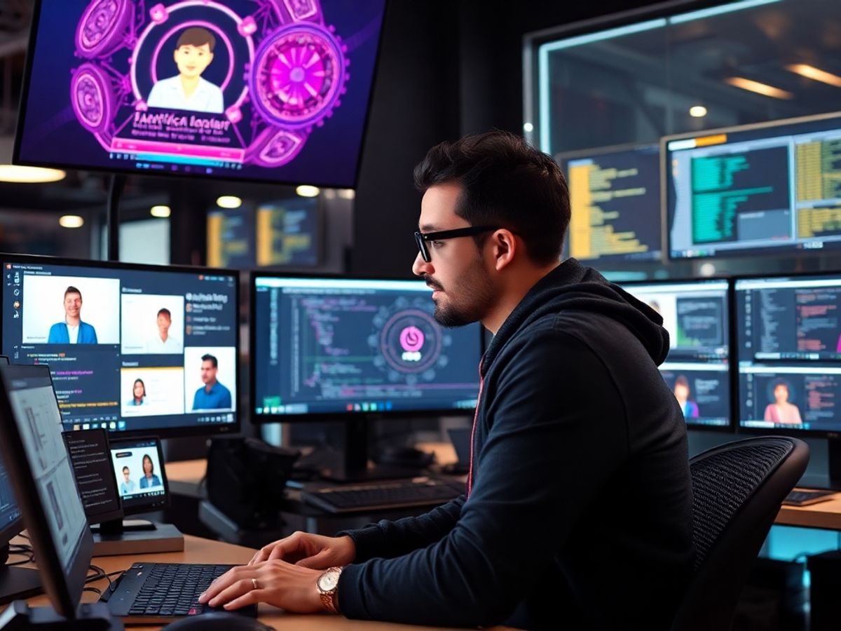 Developer engaging with Langchain agents in a tech setting.