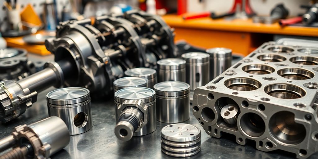 Clean Subaru engine parts on workshop table.