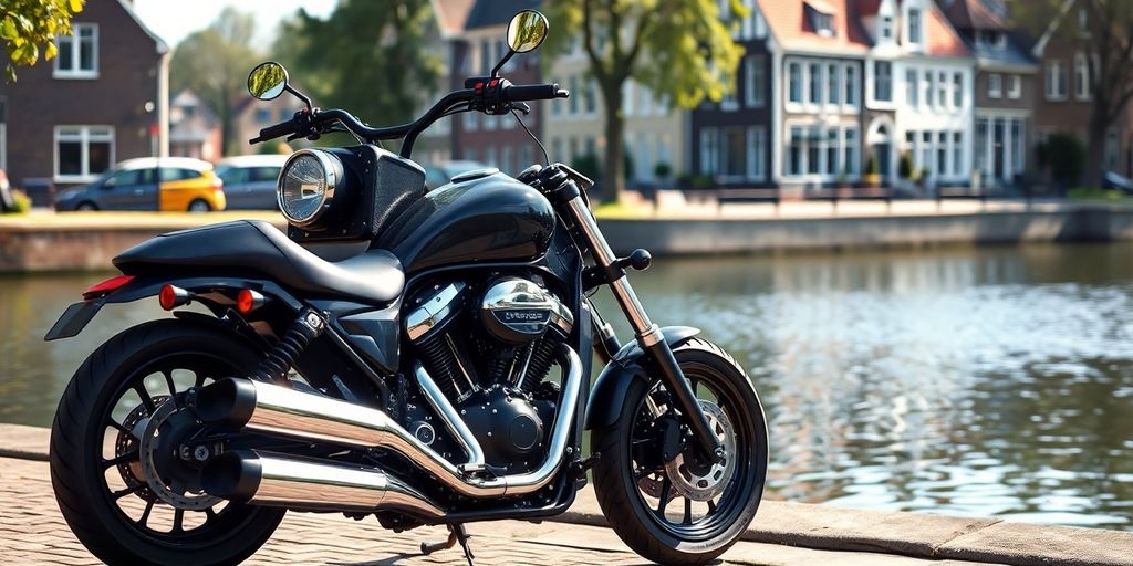Motorcycle parked by Dutch canal in sunlight