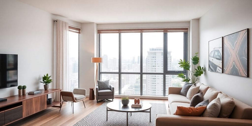 Modern apartment interior with smart technology features.