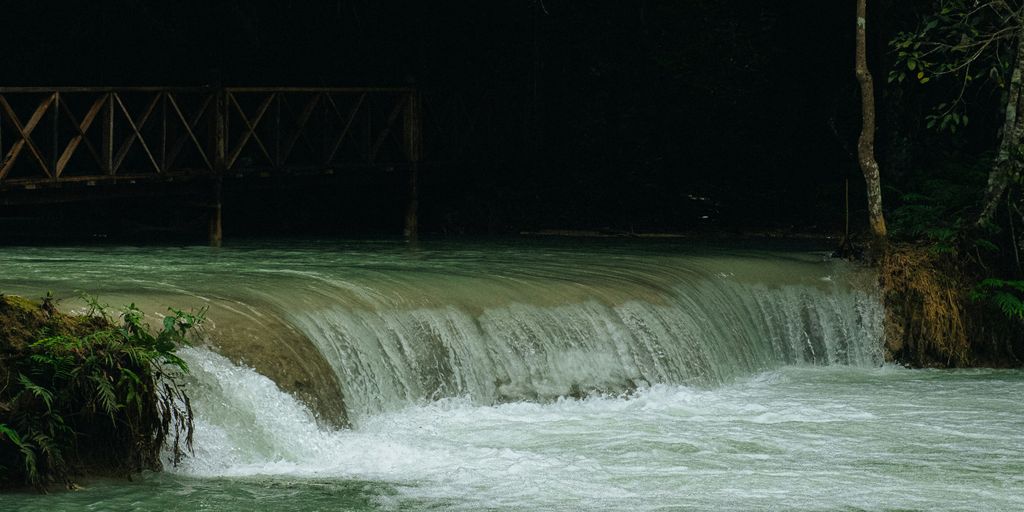 a bridge over a small waterfall in the middle of a forest