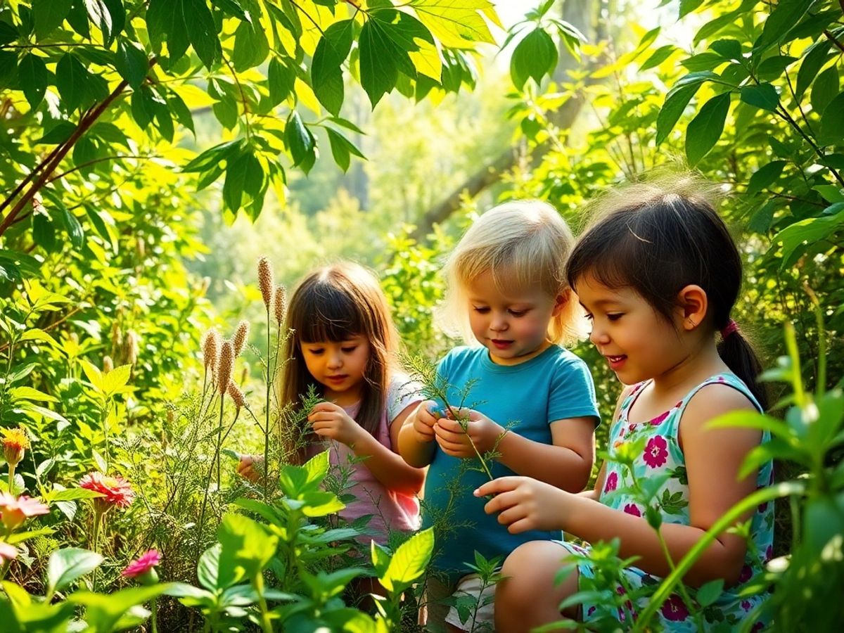 Copii explorând natura într-un peisaj verde.