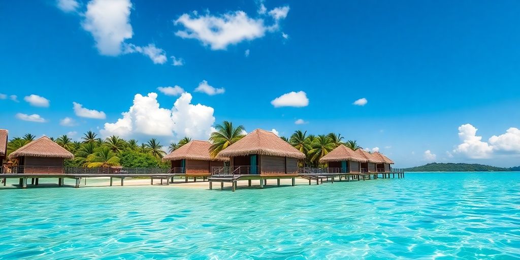 Shallow turquoise water, overwater bungalows, lush palm trees, clear sky.