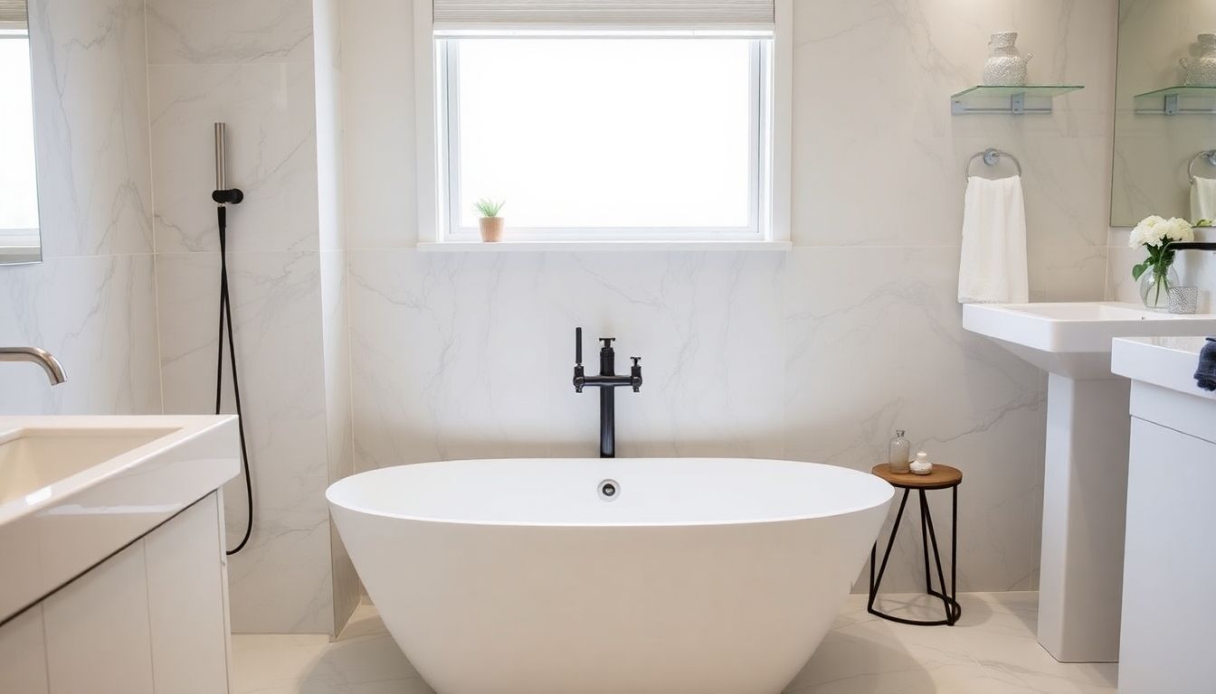 Modern bathroom with stylish fixtures and elegant tiles.