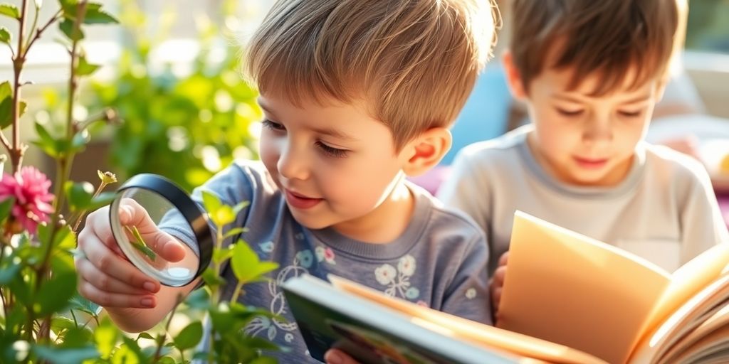 Children learning at home, exploring with curiosity.