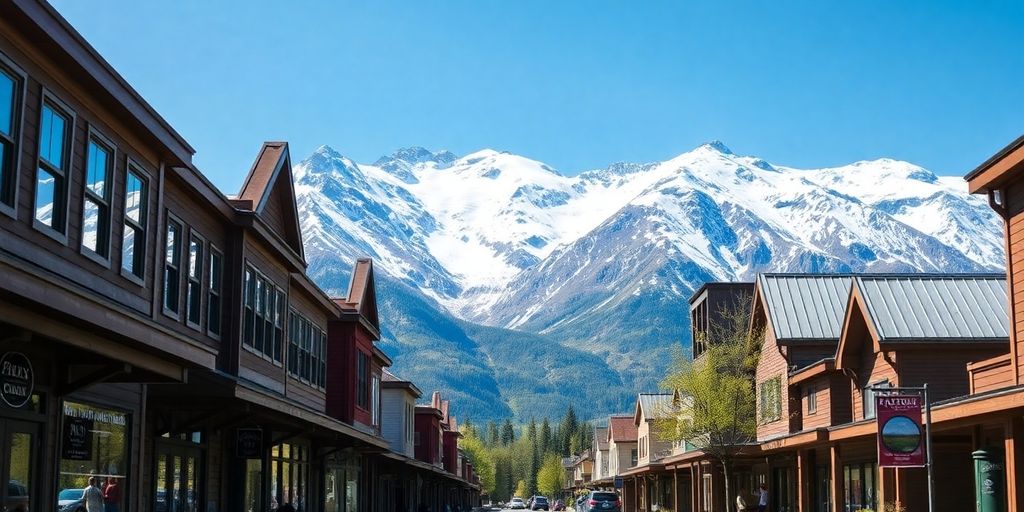 A quaint mountain town street with snow-capped peaks behind.