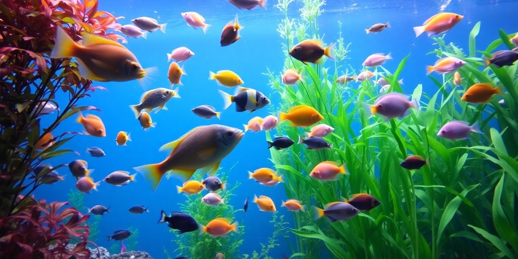 色彩斑斓的活鱼在郁郁葱葱的水族馆中游动。