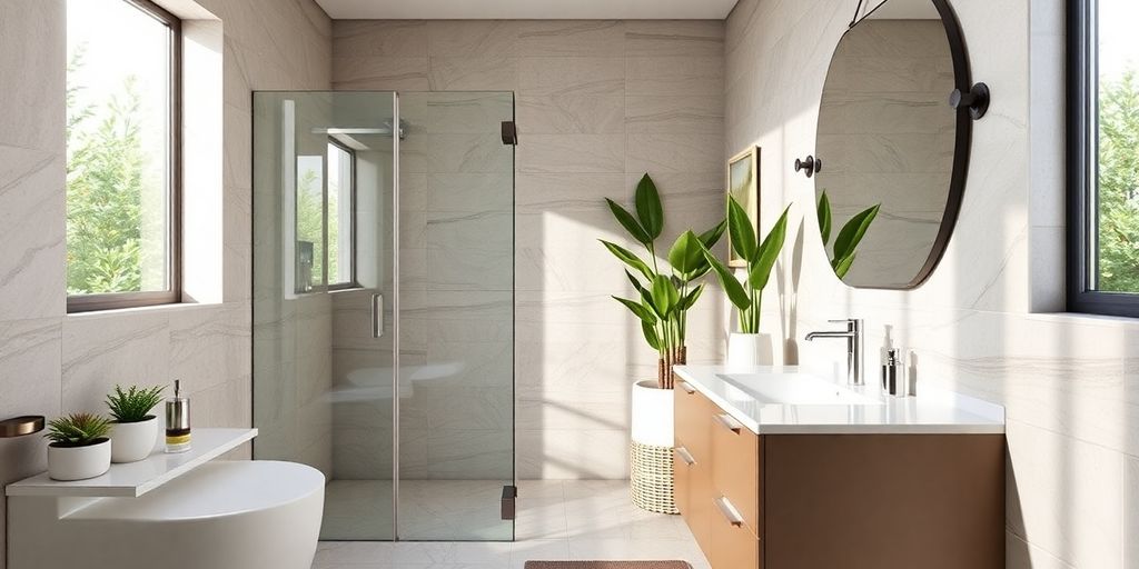 Modern bathroom with elegant fixtures and natural light.