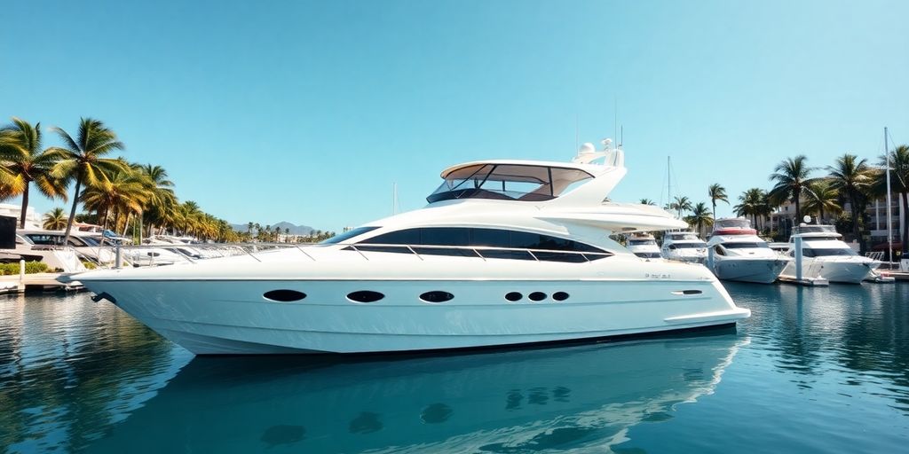 Luxurious 60-foot yacht docked at marina.
