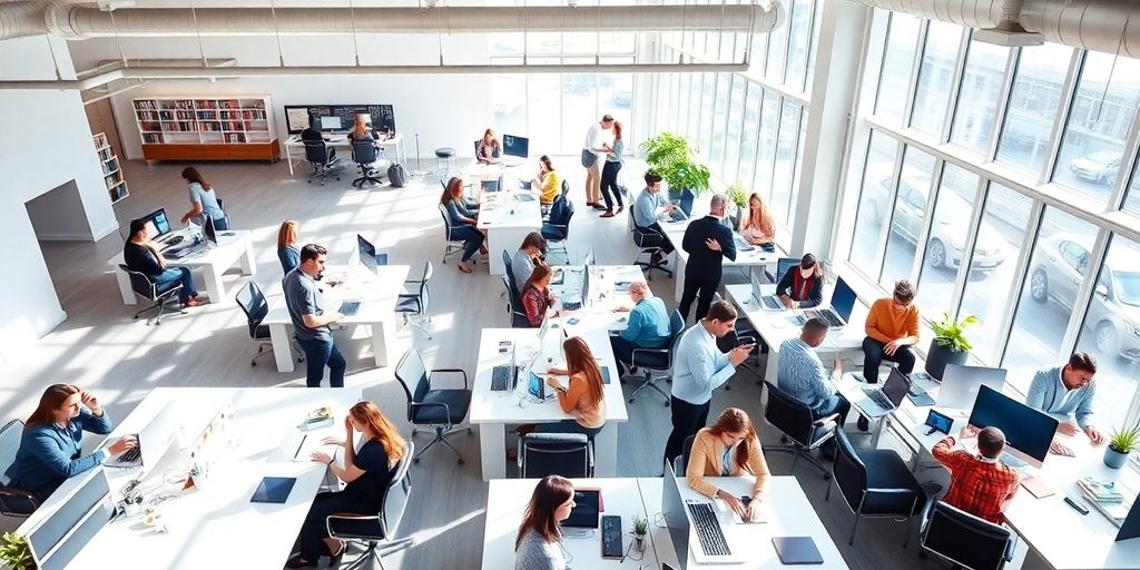 Modern office interior with diverse employees working.