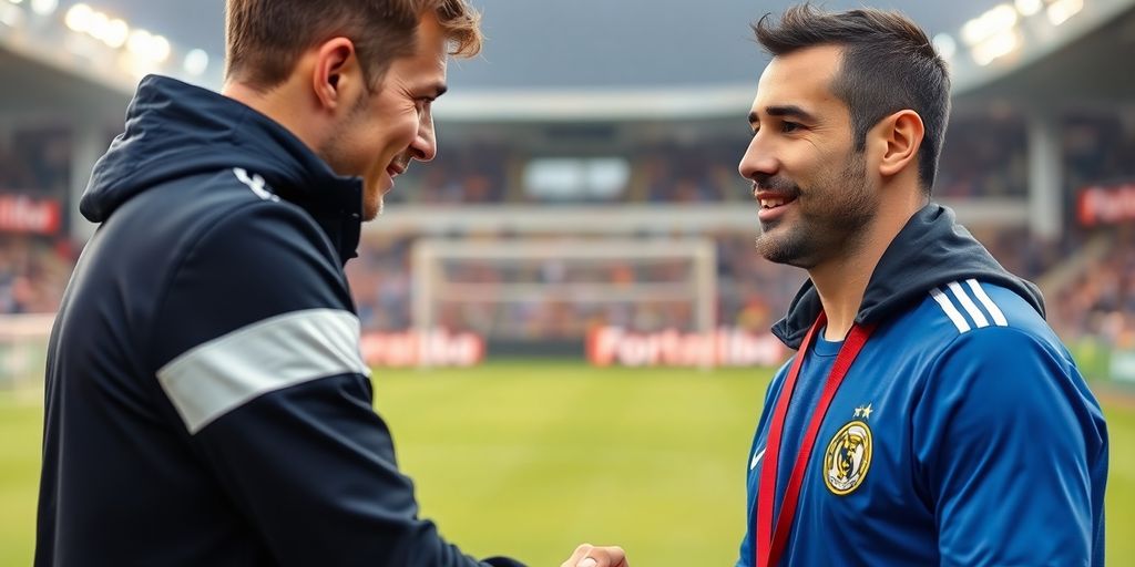 Soccer player and representative shaking hands on field.