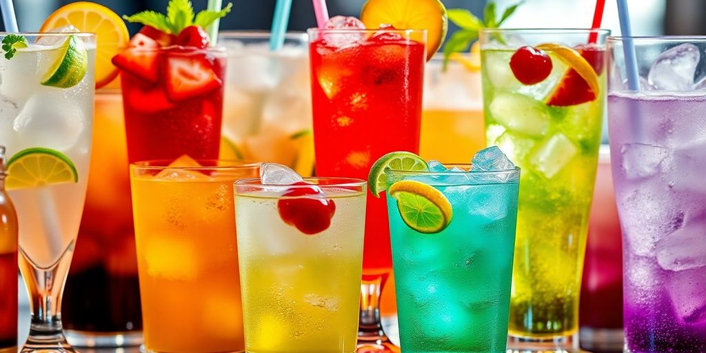 Colorful drinks in glasses with ice and garnishes.