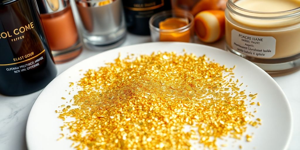 Flocons d'or sur des produits alimentaires et cosmétiques.