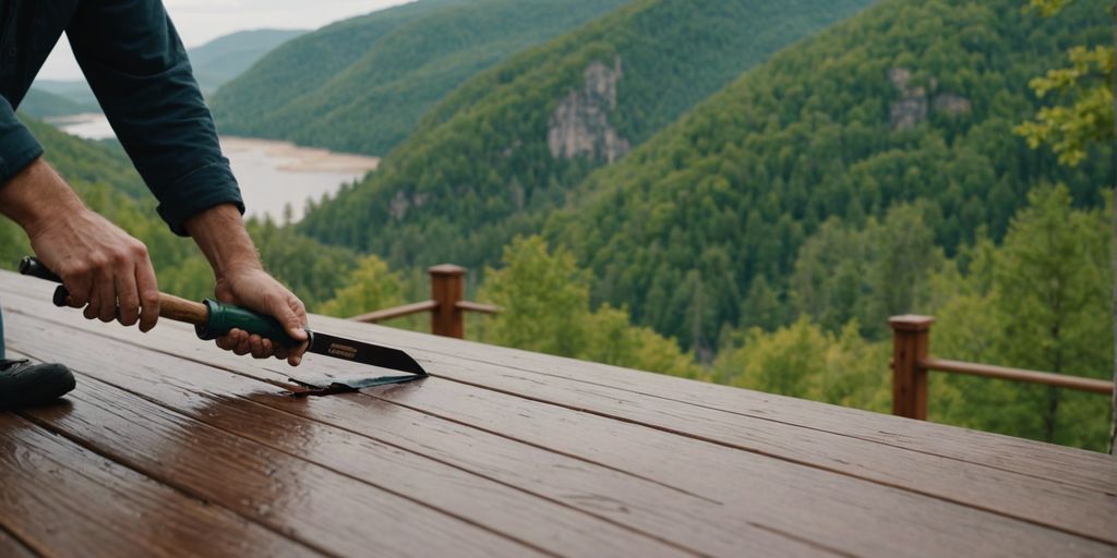 Comparison of DIY and professional deck staining with a scenic view of Broken Bow in the background.