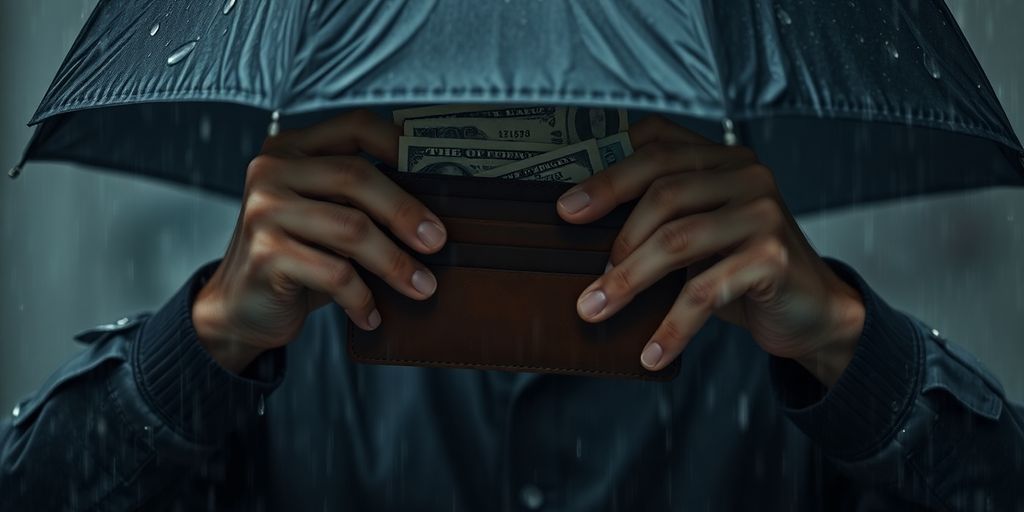 Main protégeant de la pluie son portefeuille rempli d'argent.