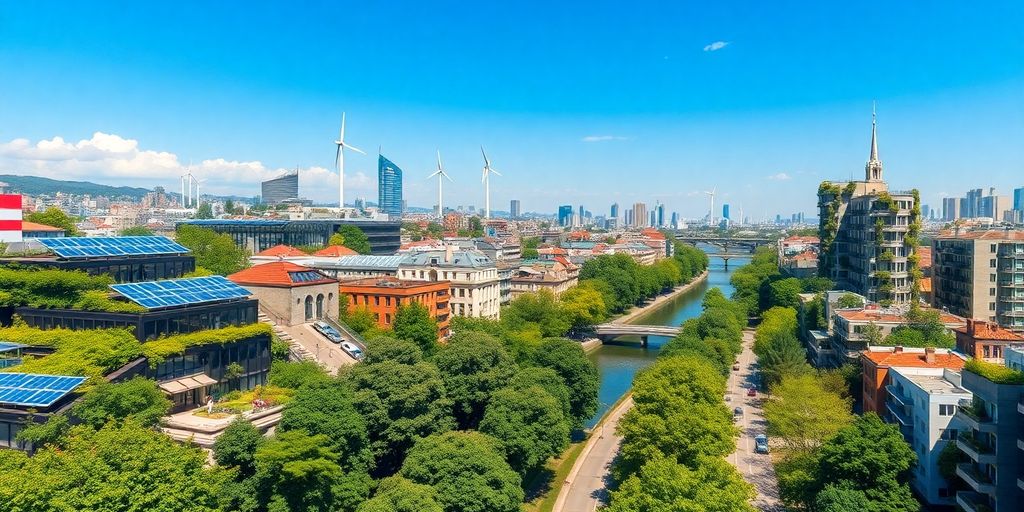 Green cityscape with renewable energy and natural elements.