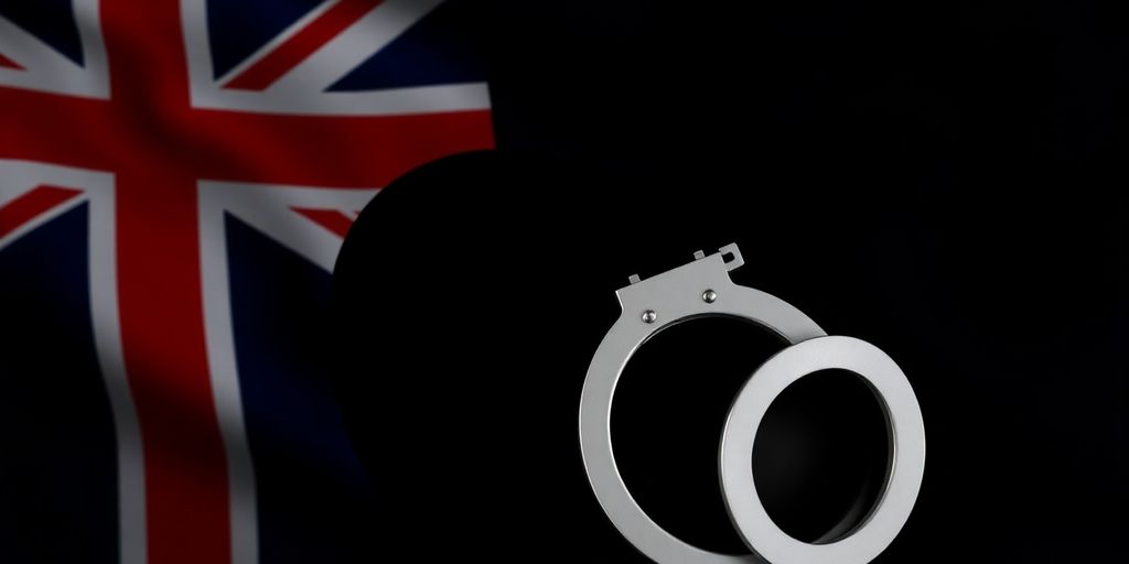 Apple logo with UK flag and distressed handcuffs.
