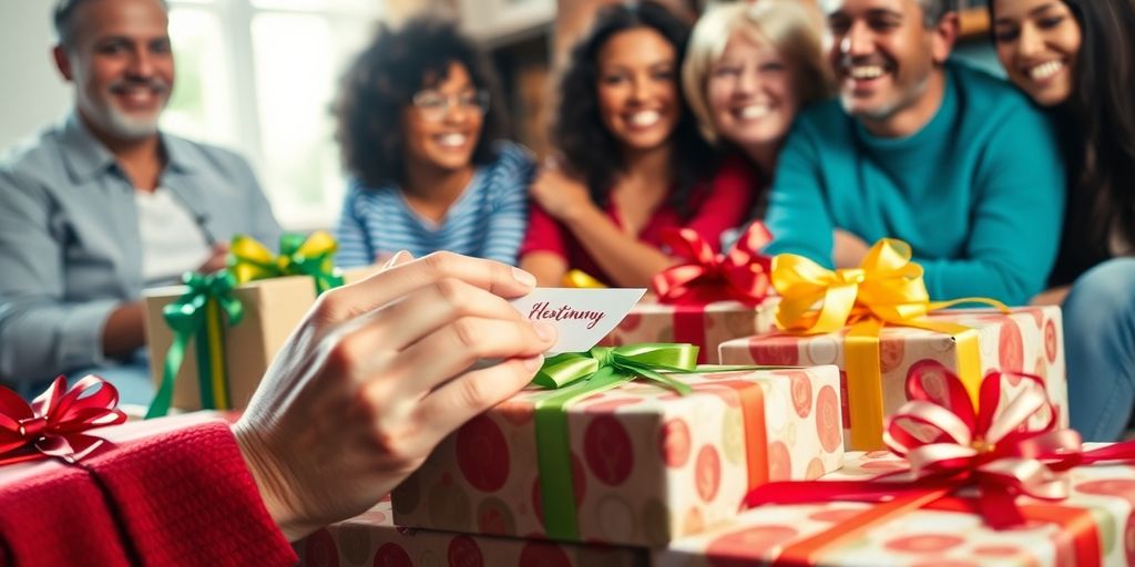 Colorful wrapped gifts, ribbons, happy recipients.
