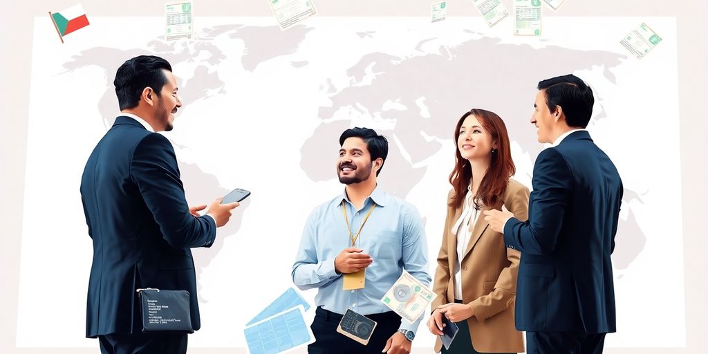 Business professionals discussing global investment benefits.