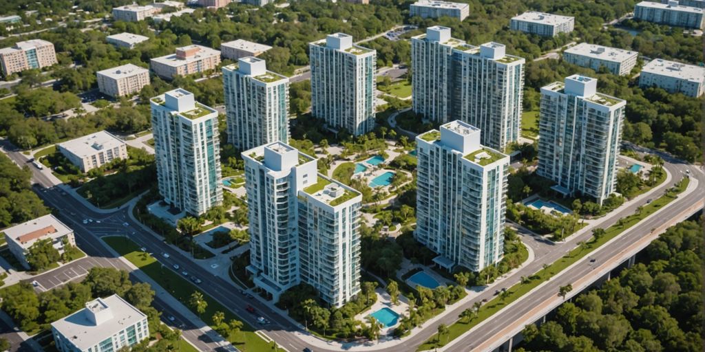 Modern luxurious buildings in Orlando with greenery