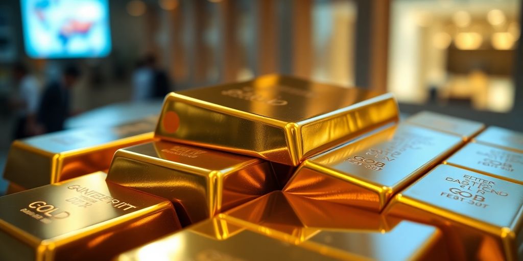 Gros plan sur des lingots d'or brillants avec fond flou.