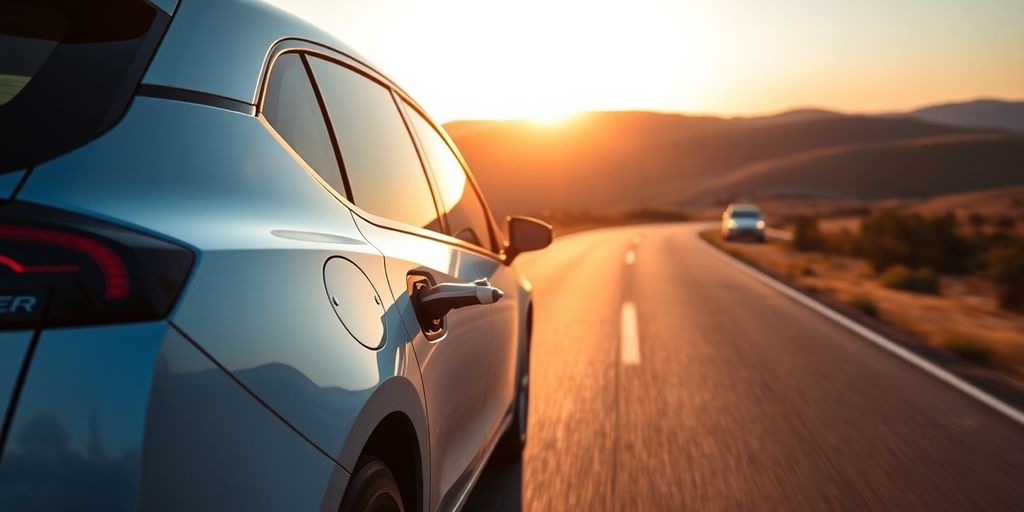 Electric car driving on a scenic road at sunset.
