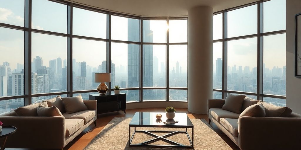 Modern apartment interior, city view, comfortable living space.
