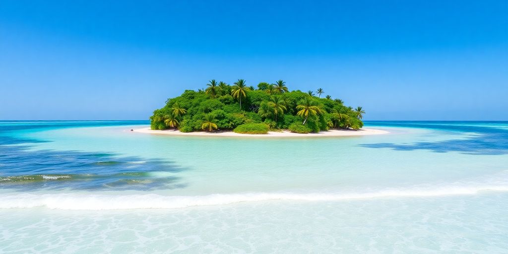 Vibrant turquoise lagoon surrounding a lush green motu.
