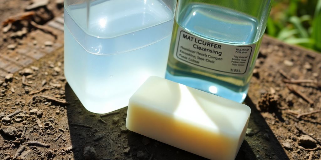 Bar soap beside a plastic liquid soap bottle.