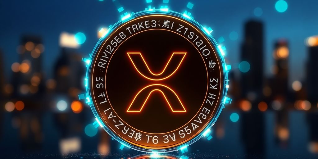 XRP coin with digital elements and city skyline background.