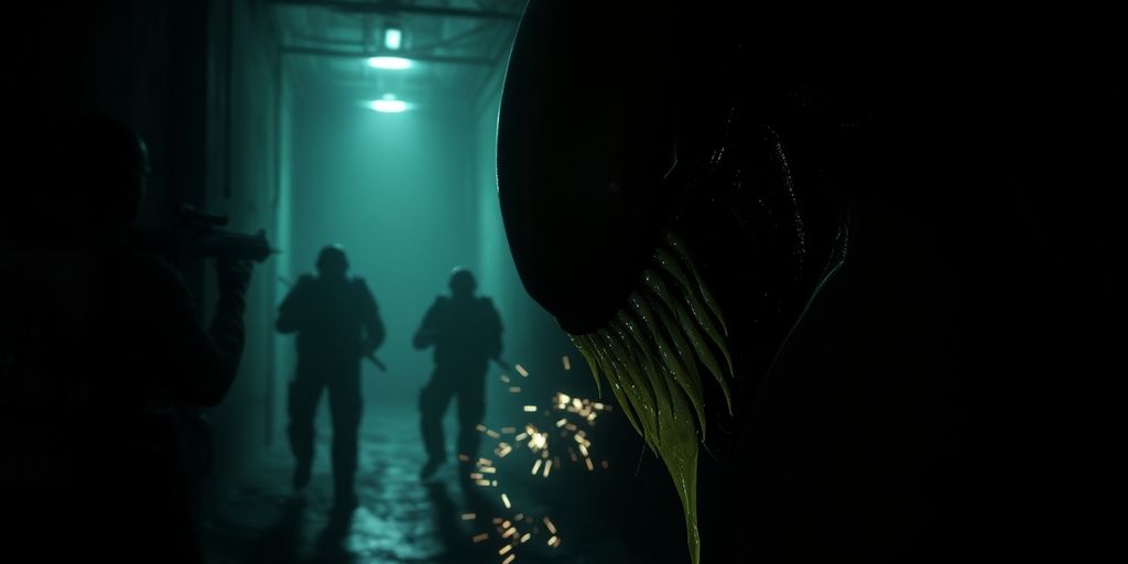 Xenomorph stalking marines in dark, industrial corridor.