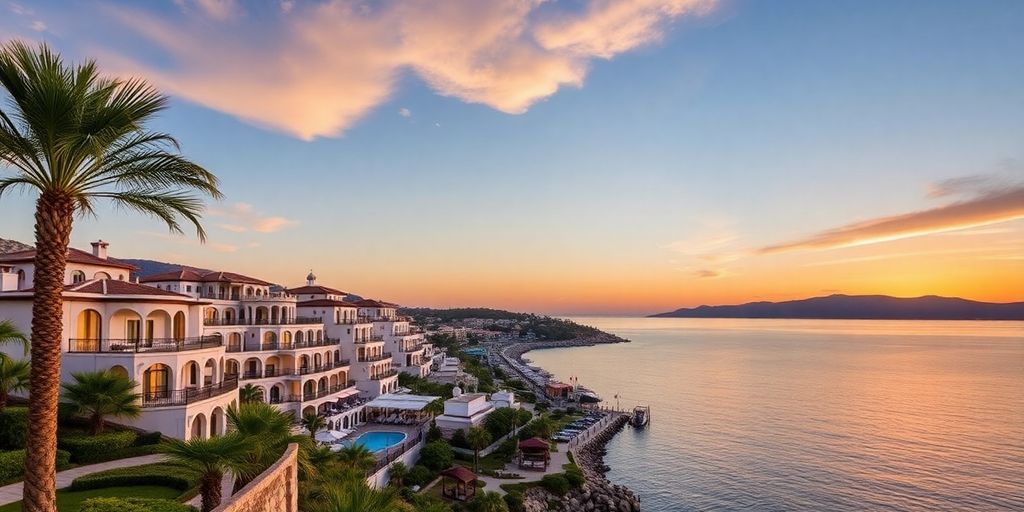 Luxury hotels in Bodrum Yalikavak at sunset.