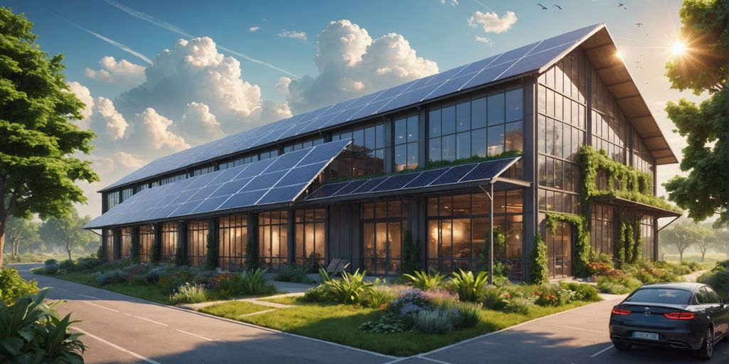 Modern warehouse with solar panels and greenery, highlighting sustainable e-commerce logistics.