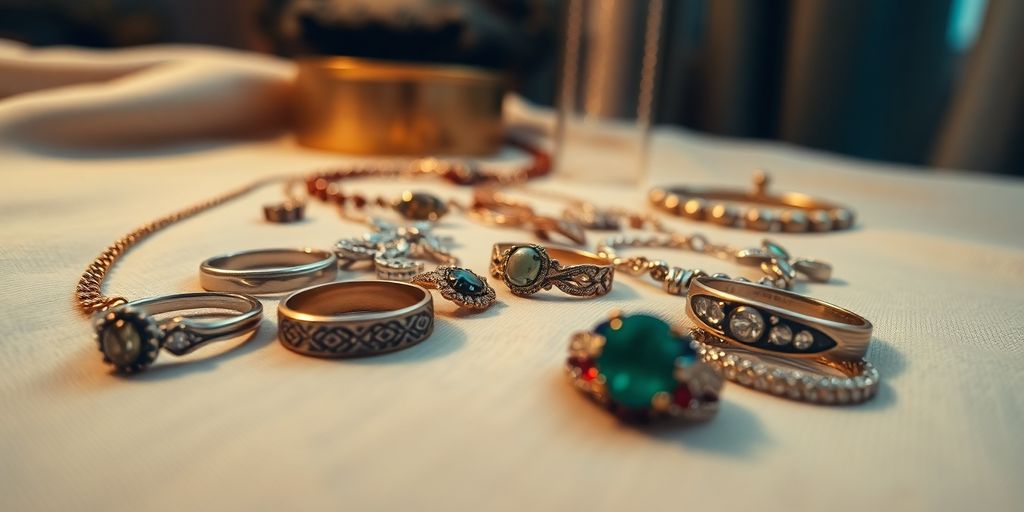 Bijoux anciens et modernes, posés sur un tissu doux.