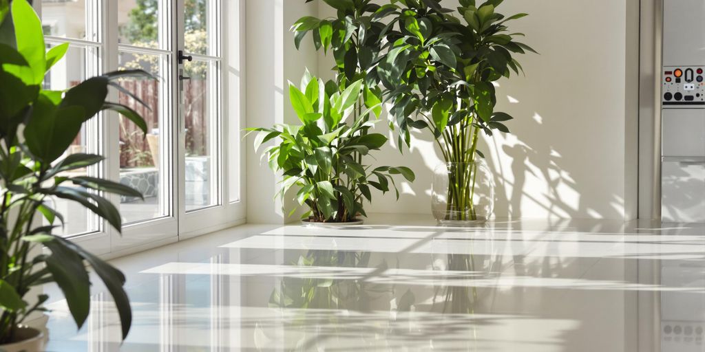 Bright, clean home interior with healthy plants and sunlight.
