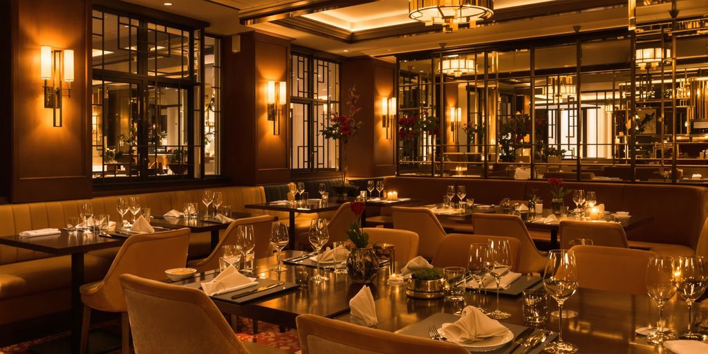 Elegant upscale restaurant interior dining tables